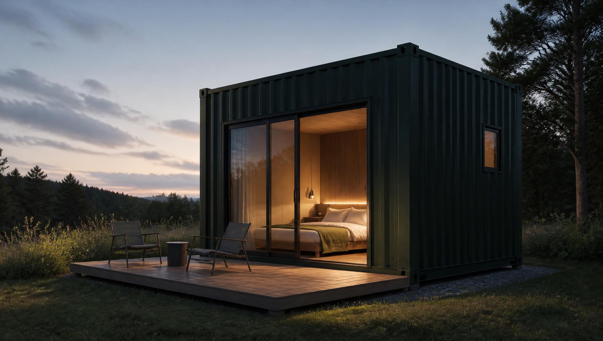 Rendu 3D d'un box hôtelier container avec terrasse en bois au crépuscule