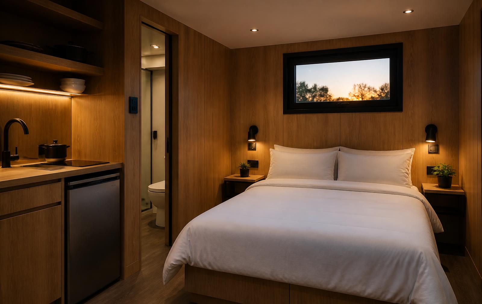 Intérieur du box : lit double, kitchenette et salle d'eau